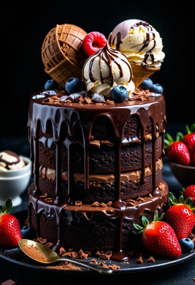 20709-1184224770-cake, ice cream, chocolate, intricate detail ,dark background , HD, 8k, Photography,.jpg